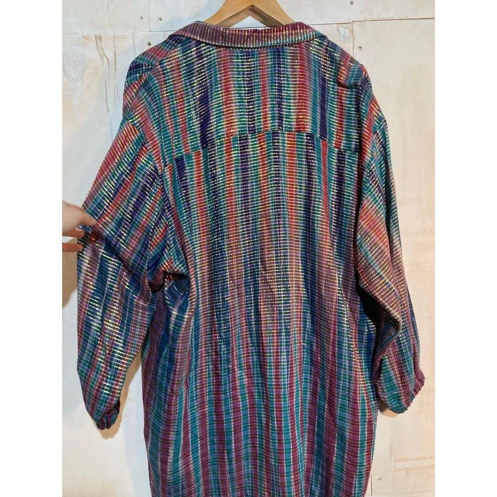Handmade Button Down Shirt Women‎ Sz L Multi-Color Metallic Lurex Plaid Tunic - Picture 8 of 13